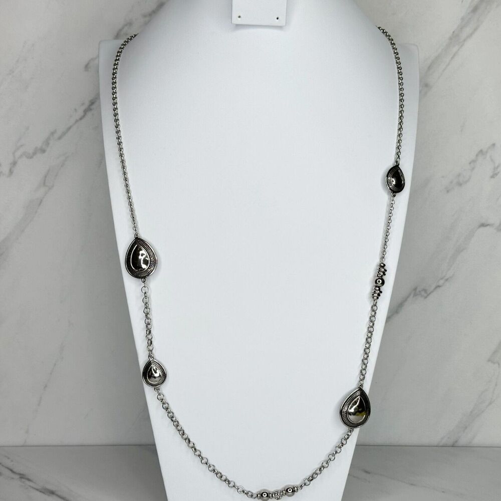 Chico's Silver Tone Hammered Metal Teardrop Station Long Chain Necklace ✨